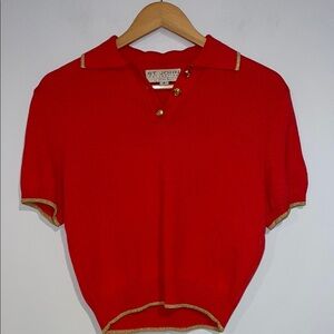 St. John by Marie Gray vibrant Deep Coral and gold trim Knit Top Size P